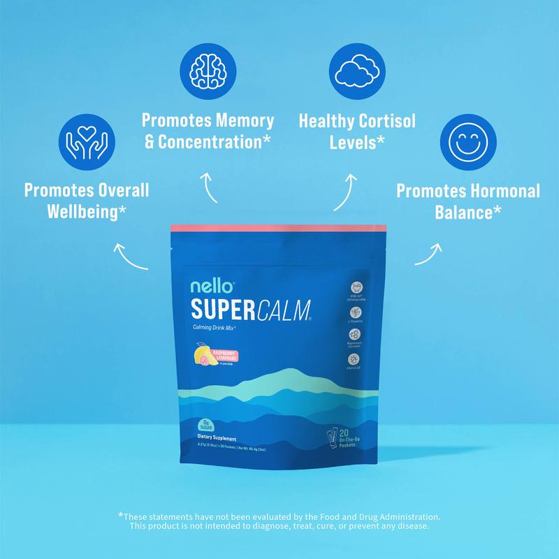 Nello Supercalm – Calming Drink Mix with KSM-66 Ashwagandha, Vitamin D3, Magnesium & L-Theanine – Supports Cortisol Balance, Mood & Sleep, Helps Manage Occasional Stress (20 Serving)!
